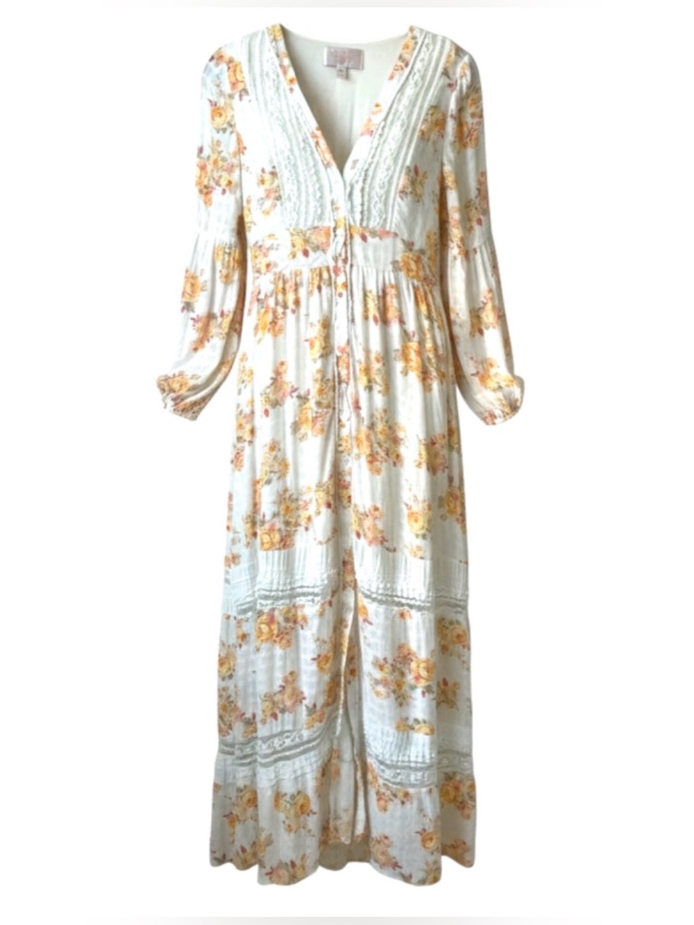 AUDREY PARKS FRANCESCA’S Floral Maxi Dress in Cream and Yellow - Boho V-Neck - Picture 12 of 13